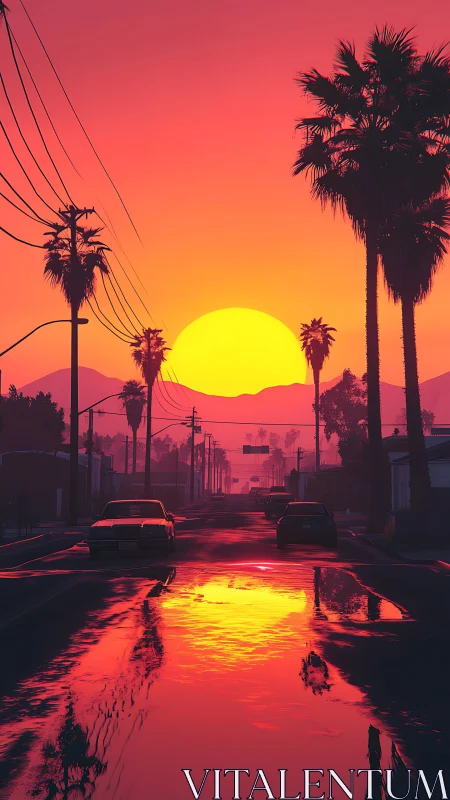 Glowing sunset settles over a calm palm-lined city street