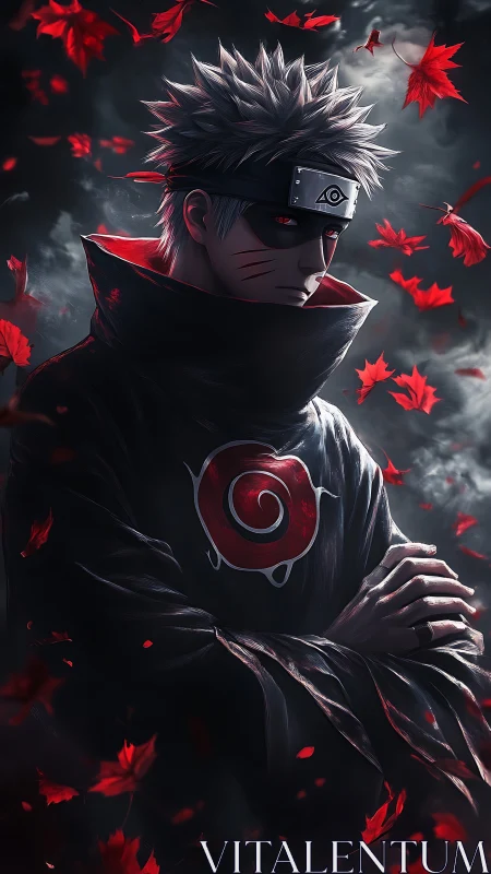 Masked ninja stands under storm clouds with red maple leaves