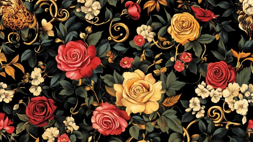 Opulent Garden Dance: Red Roses, Gold Blooms and Spiraling Ornament