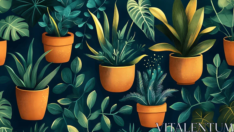 Multiple potted foliage plants arranged against dark ground