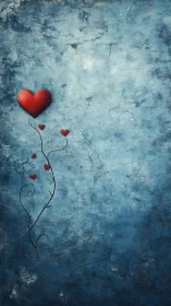Red Hearts Emerging from Textured Blue Wall Surface