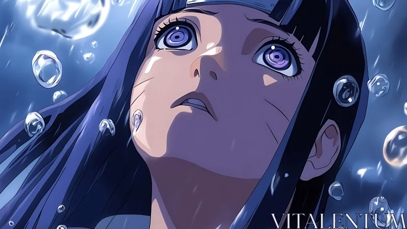 Anime kunoichi gazes upward through luminous falling rain.