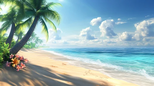 Tropical Coastal Beach with Palm Trees and Ocean.