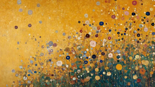 Golden abstract wildflower meadow shimmers in warm sunlight