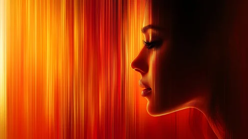 Side profile silhouette with vertical orange light streaks.