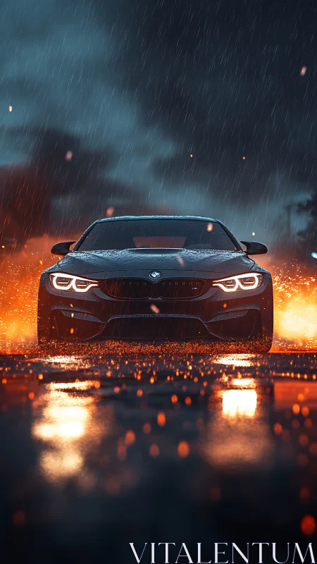 Sport coupe in rain storm with fiery reflections at night.