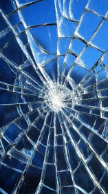 Radial impact fracture pattern on blue backlit glass surface.