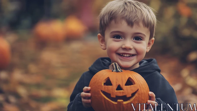 Young Autumn Trickster Clutches Glowing Jack-o-Lantern Joy.