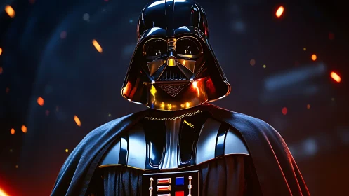 Armored sci fi figure in black helmet amid glowing sparks.