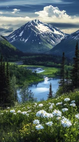 Snowcapped mountain above river valley and wildflower meadow
