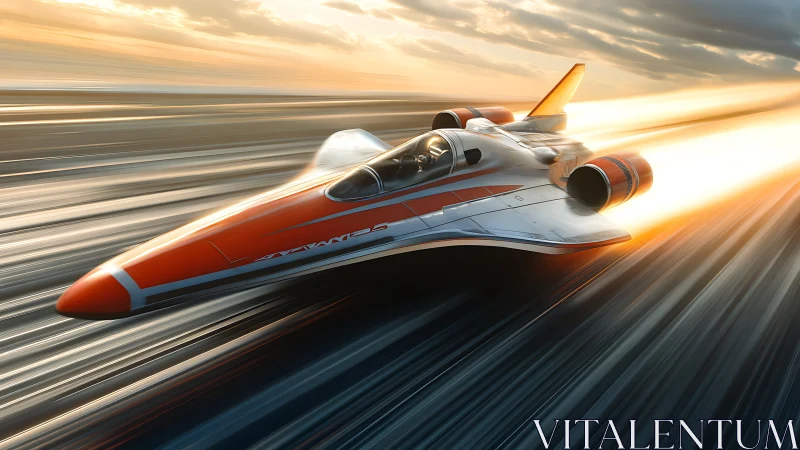 Futuristic orange jet racer cuts luminous speed corridor.