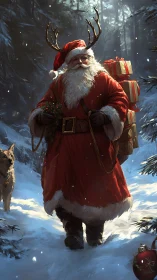 Antler-crowned Santa strides through a glowing winter forest