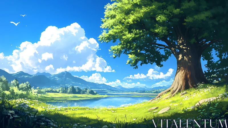 Large tree by bright riverside meadow under blue sky.