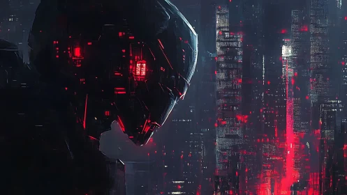 Cybernetic sentinel profile over neon red city grid.
