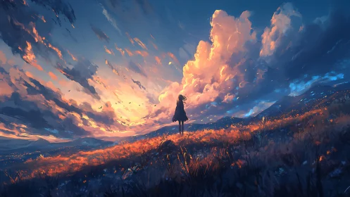 Solitary silhouette under blazing sunset cloud bloom.