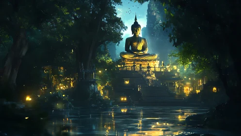 Luminous forest temple with monumental Buddha at twilight.