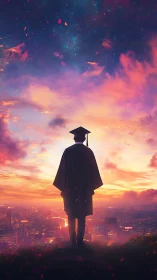 Graduate gazes over glowing city as a hopeful dawn rises