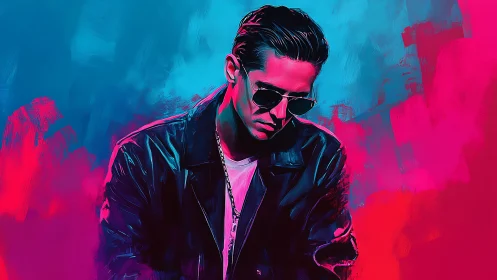 Moody digital portrait of man in leather and sunglasses.