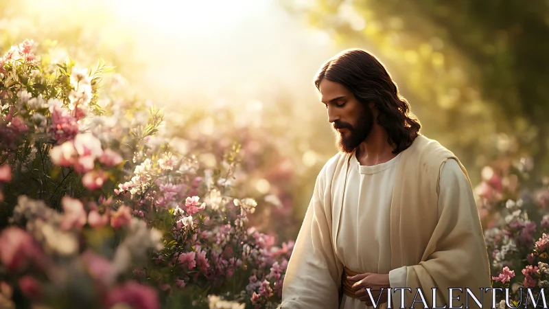 Gentle robed figure walking quietly through radiant flowers.