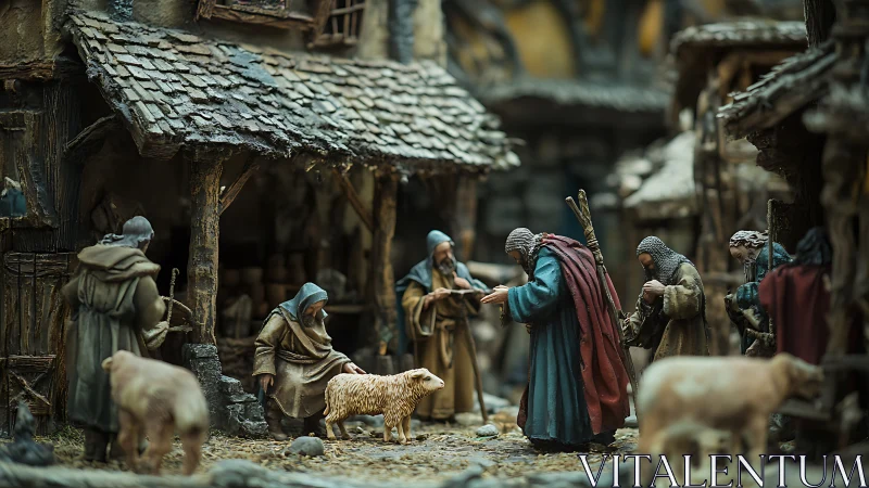 Medieval village nativity diorama with shepherd figures.