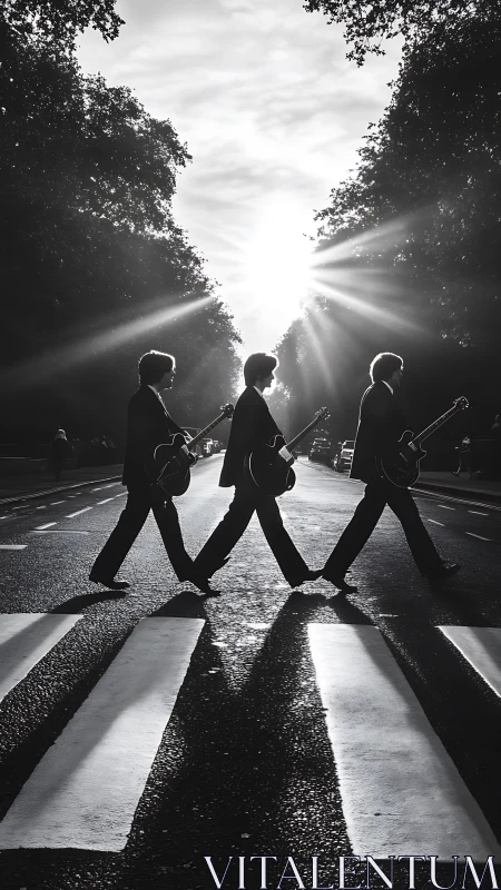 Silhouetted guitarists cross urban crosswalk in backlit monochrome