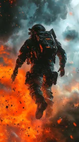 Armored soldier strides through firelit battlefield chaos