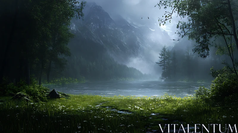 Alpine lake valley with layered atmospheric perspective rendering mountain terrain