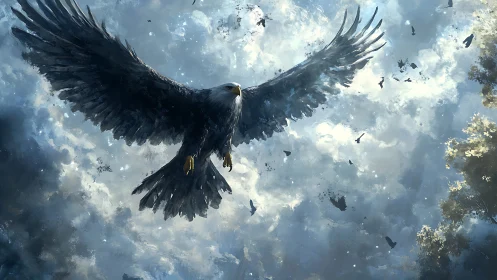 Majestic Eagle Soaring Above Clouds in Dramatic Digital Art.