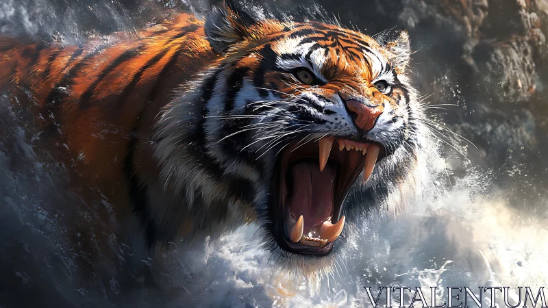 Roaring tiger lunges through turbulent whitewater with hyperreal fur detail
