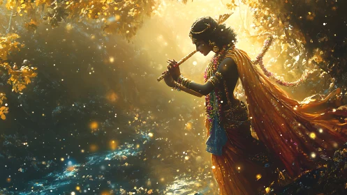 Backlit deity figure with flute amid luminous forest particles