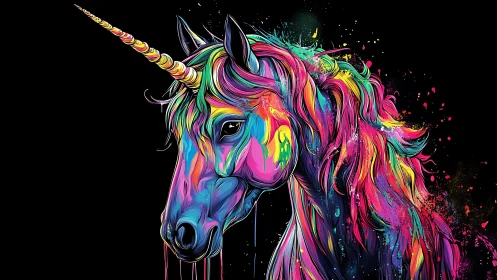 Neon-splashed unicorn dreaming in liquid rainbow paint.