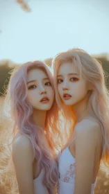 Sunlit pastel-haired twins in golden hour portrait study.