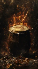 Burning barrel drum with suspended mallet in ember storm