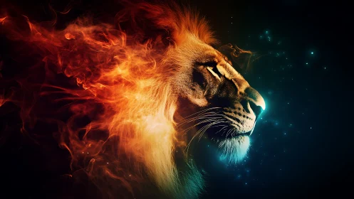 Fiery lion profile burns through cosmic neon darkness