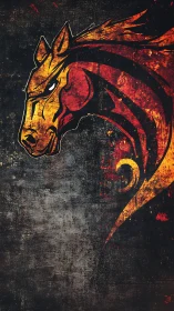 Fiery stylized horse head blazes against distressed grunge wall.