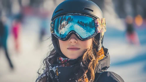 Teen skier wears helmet and goggles on snowy mountain slope