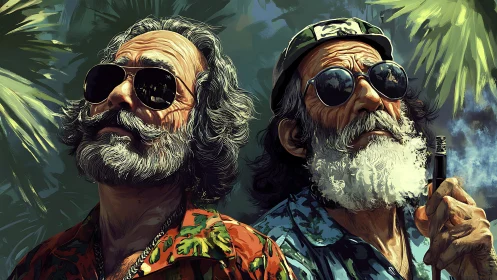 Older men in sunglasses and tropical shirts outdoors.