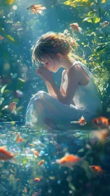 Girl in white dress seated by pond with orange fish in light.