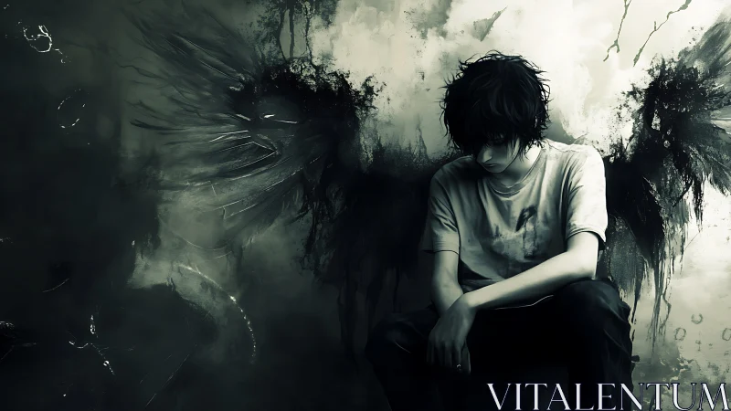 Brooding fallen angel boys sinks into stormy shadow wings.