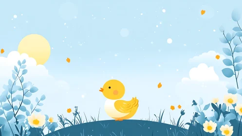 Yellow duckling on blue hillside under pale sun in spring.