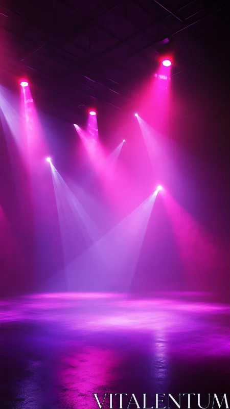 Magenta stage lighting beams over reflective empty floor.