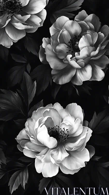 Monochromatic Peony Triptych with Dramatic Black Backdrop.