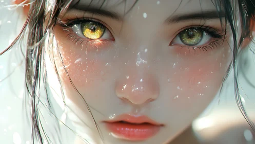 Wet-eyed anime portrait with luminous golden irises.
