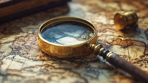 Golden magnifying glass inviting exploration on old map.