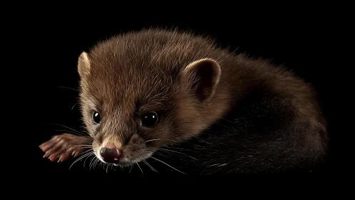 Velvet-eyed baby marten curls into shadowy midnight hush.
