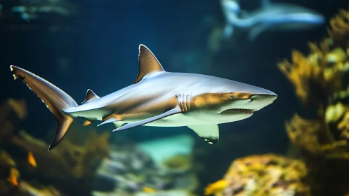 Hydrodynamic reef shark cruising through filtered aquarium light.
