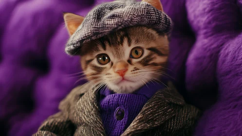 Tabby Cat in Winter Clothing Against Purple Background.