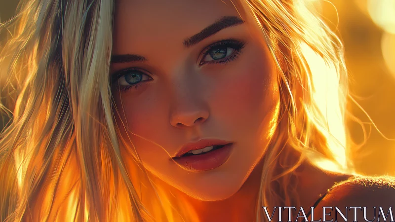 Digital portrait of blonde woman in warm sunset light.
