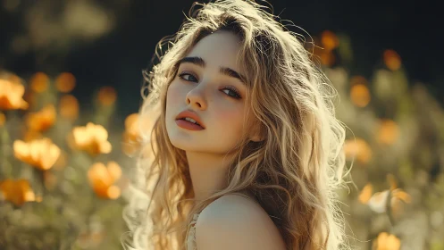 Blonde woman poses outdoors among blurred orange flowers