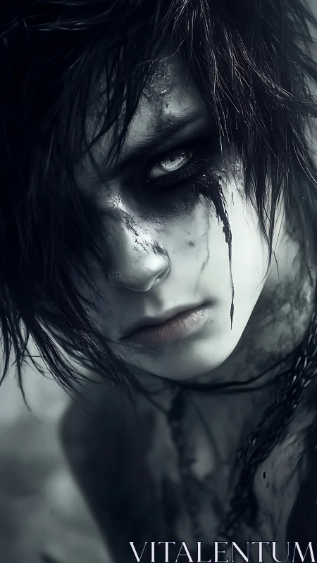 Monochrome gothic portrait with smeared kohl and hollow gaze.